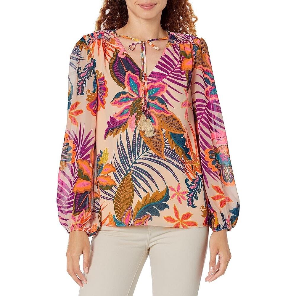 TRINA TURK Watson Top Tropical Floral Blouse Tassel Tie Neck Boho Luxe | Medium